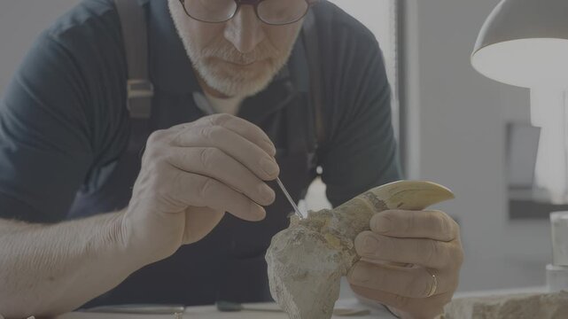 Senior man carefully cleans a fossilized claw with a small brush, showcasing meticulous attention to detail in a well-lit workspace with tools and materials