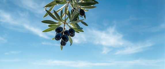 Olive tree bearing black olives under a clear blue sky, sky, food, leaves, organic, isolated space
