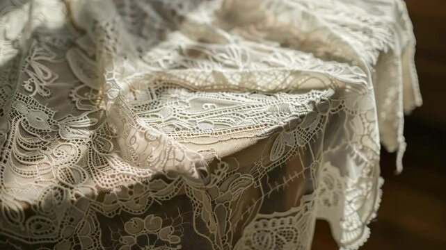 This features a vintage lace tablecloth draped over the top of an old wooden chest. The lace fabric has intricate patterns and appears worn with age, giving it a sense of history and charm.