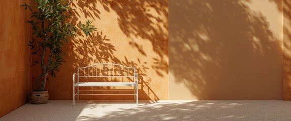 The peaceful allure of a white garden bench under soft sunlight, with intricate leaf shadows cast on a warm wall. A sun-kissed hideaway, rustic charisma