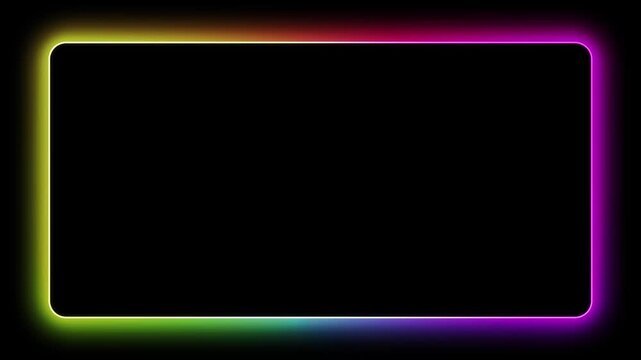 Abstract gradient neon rectangle frame on black background, vibrant rainbow color LED sign for design, animated multicolored laser light spectrum loop presentation, empty futuristic glowing line