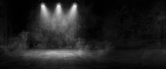 Obraz premium Dark gray studio interior featuring smoke, smog, neon lighting, spotlights, concrete floor, and abstract wall background for product display