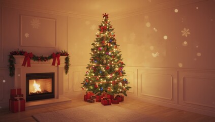 Festive interior with decorated Christmas tree and lit fireplace, holiday ambiance