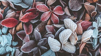 Colorful leaves covered in frost, with a blurred background to highlight the delicate texture and vibrant colors of each leaf.