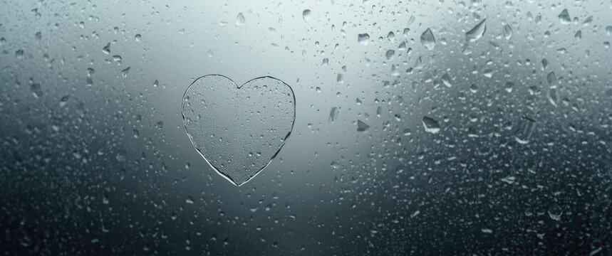 Heart submerged on a condensation-covered window, dew and water droplets representing love in bad weather