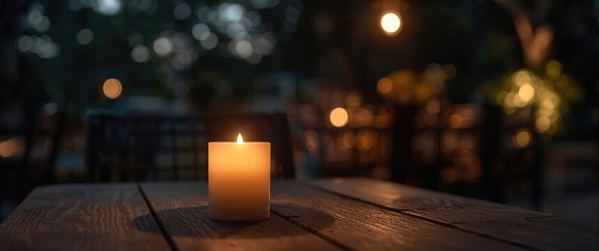 Dusk setting with citronella candle on cafe table outdoors to keep mosquitoes away during summer evenings