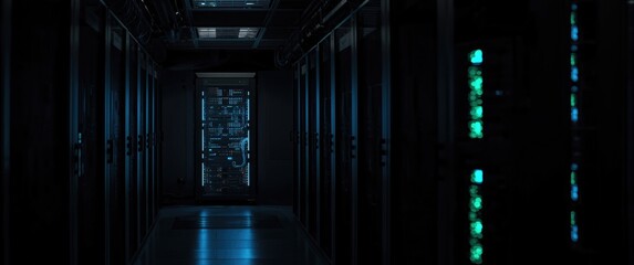 Server gear in a dimly illuminated mainframe environment