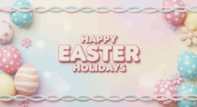 Easter eggs in pastel colors with happy easter holidays text on a festive background - Powered by Adobe