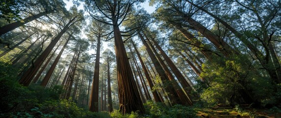 Redwood forest with tall trees and a canopy allowing filtered sunlight