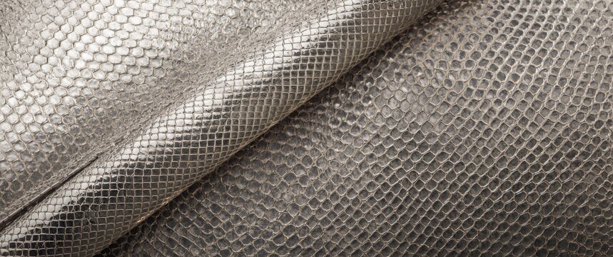 Natural python skin texture featuring silver snakes against a mirror gray metallic leather background, animal print design