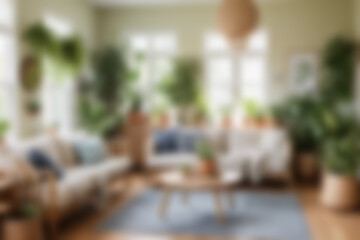Fototapeta premium Blurred background of Full color cozy family living room filled with indoor plants, soft textiles, wooden furniture, home interior background, morning, gentle natural light.