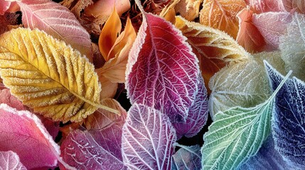 Colorful leaves covered in frost, with a blurred background to highlight the delicate texture and vibrant colors of each leaf.