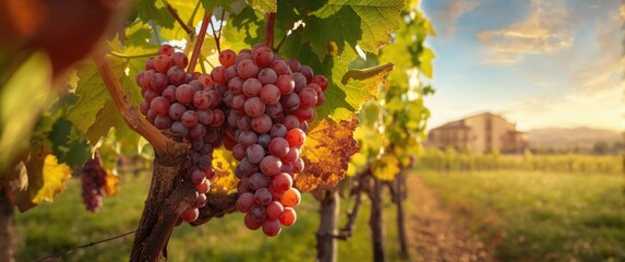 Obraz premium Vineyard with red grapes prepared for harvesting