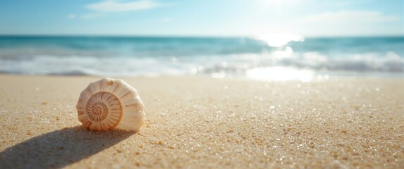 Obraz premium Beach Scene Featuring a Spiral Sea Shell on the Sand under a Sunny Sky, Pattern, Texture, Design, Water, Summer, Travel, Frame