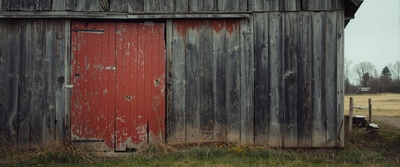 Naklejka premium Faded and weathered barn exterior with a red wooden door requiring maintenance