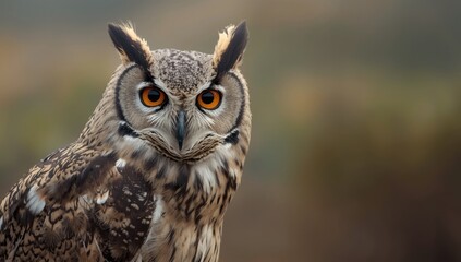 Fototapeta premium Indian eagle-owl with vivid orange eye edges captured in detailed close-up, showcasing nocturnal hunting adaptations, International Owl Awareness Day
