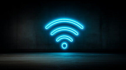 Neon Blue Wi-Fi Icon Glowing on a Dark Concrete Wall, Wireless Technology Concept