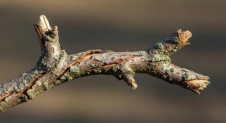 Fototapeta premium Close up of a gnarled and textured tree branch in soft light