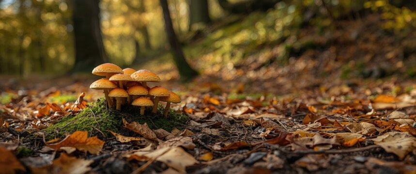 Vivid orange mushrooms growing in groups on woodland floor surrounded by fallen autumn leaves and green vegetation in Rio de Mouros trail, Condeixa, Coimbra Portugal