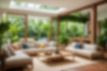 Obraz premium Blurred background of Full color realistic modern tropical living room with lush greenery, open layout, natural wood materials, villa-style interior, daytime, bright diffused daylight.