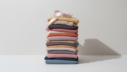 Folded clothing arranged neatly against a plain background, ideal for layout or catalog backdrop