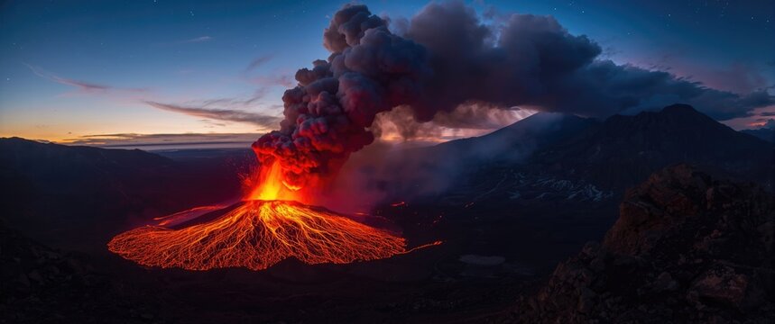 Mountains experiencing a volcano eruption at dusk