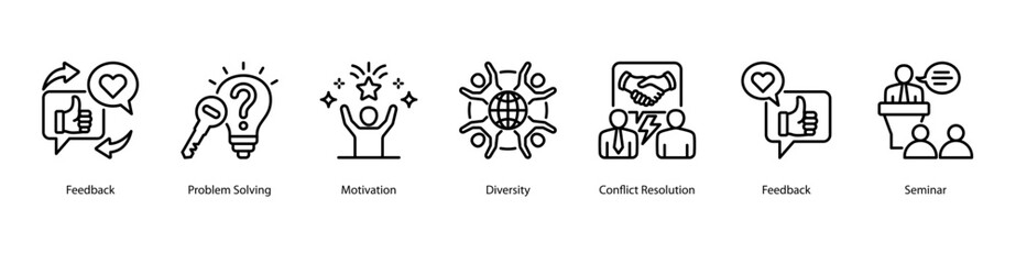 Obraz premium Workplace Motivation web banner vector illustration featuring Feedback, Problem Solving, Motivation, Diversity, Conflict Resolution, Feedback, and Seminar.