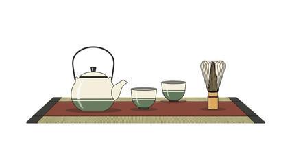 Minimalist Japanese Tea Ceremony Set on a Decorative Mat, Flat Illustration