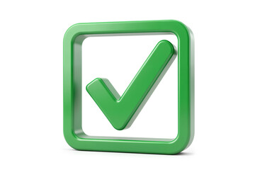 Glossy Green Check Mark Icon Inside Rounded Square Frame on White Background
