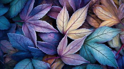Colorful leaves covered in frost, with a blurred background to highlight the delicate texture and vibrant colors of each leaf.