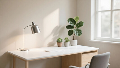 Fototapeta premium Minimalist home office workspace with wooden desk, modern lamp and green plants in natural light. Clean interior design promoting calm, productivity and modern lifestyle.