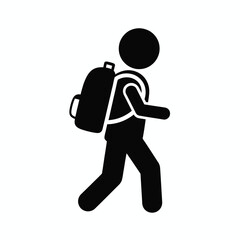 A simple black silhouette icon of a person walking and carrying a backpack on their back