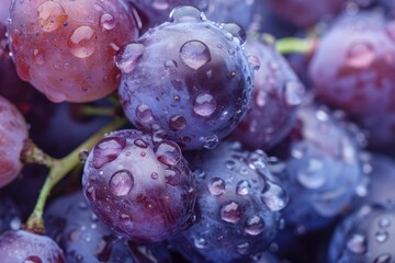 Obraz premium Close up of ripe purple grapes covered with water droplets, creating a fresh and vibrant image