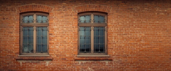 Fototapeta premium Two windows set against a textured red brick wall showcasing construction and art