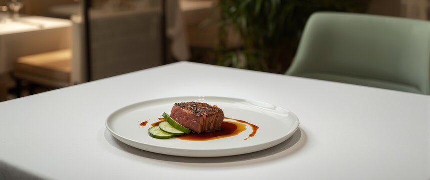 Duck sous wide with port wine and cucumber, presented on a white plate in a Michelin-starred restaurant