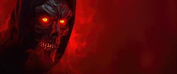 Naklejka premium Detailed portrait of a grim reaper wearing a carnival costume, with fire flames in the eyes and creepy teeth, set on a dark glowing red flame background for Halloween