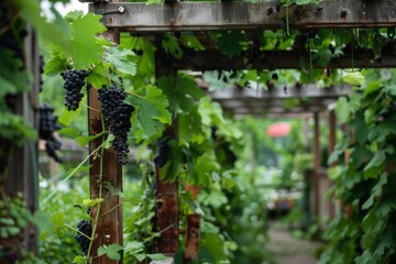 Naklejka premium Ripe black grapes growing in vineyard, hanging from wooden structure, creating a natural shaded pathway