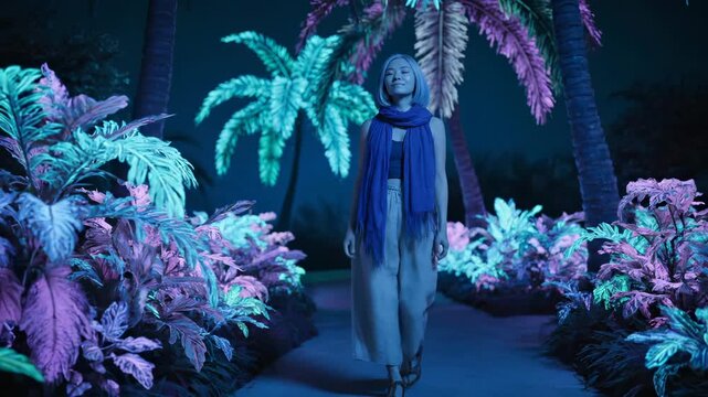 woman walking on path lined with palm and plant under neon night. scarf and coat complement outfit. foliage frames walkway and trail. silhouette and shadow create color glow. hue range blue magenta.