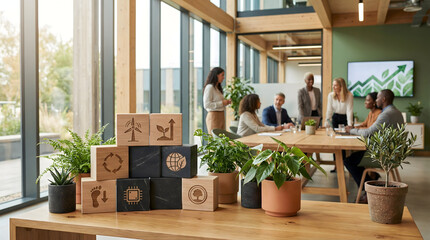 ESG and sustainable business development concept with wooden blocks in office meeting