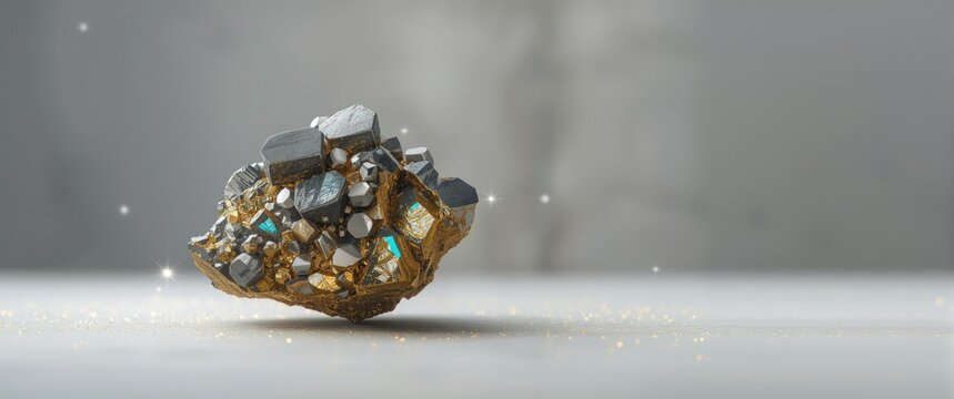 Polymetallic compounds of Galena and pyrite featuring white, blue, orange hues, metallic appearance, glitter, silver, mineral crystals, and zinc