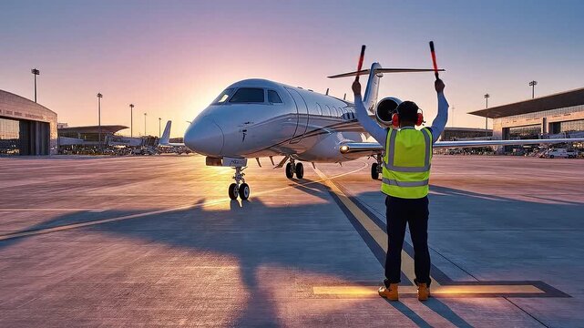 Ground Crew Marshaller Directing Private Jet on Airport Tarmac at Sunrise
