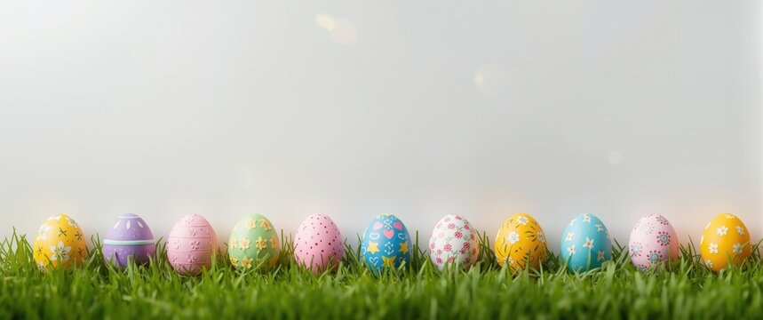 Colorful Easter Eggs Lying in Green Grass Against Wall Background with Room for Your Words