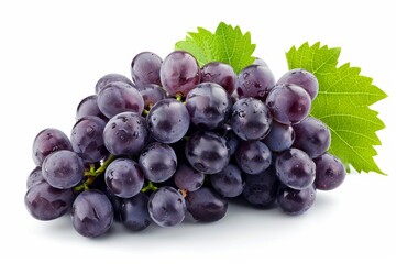 Fototapeta premium Ripe purple grapes covered in glistening water droplets, accompanied by vibrant green leaves, creating a refreshing visual against a clean white backdrop