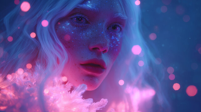 Glowing fantasy beauty portrait of ethereal albino woman with freckles and shimmering skin, neon pink and blue bokeh lights, dreamy cinematic close up for fashion editorial, posters, branding