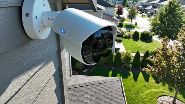 A video surveillance camera with built-in artificial intelligence on the facade of a private country house.
