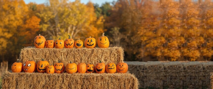 Funny faces on pumpkins arranged on hay bales at Speer Family Farms Pumpkin Patch