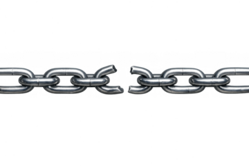 Broken metal chain representing freedom, liberation, weakness, and overcoming boundaries with transparent background