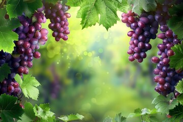 Naklejka premium Bunches of ripe purple grapes hanging on the vine in a sunny vineyard, ready for harvest