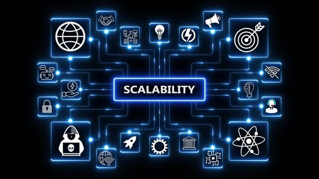 Animated scalability procedure illustration featuring, and business insights from massive data sets ,network , business ,technology concept animation technology.4K black background visuals