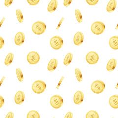 A seamless pattern of gold dollar coins on white background. Set of icons of gold coins rotating in different angles for animation. Set of gold coins. 3D vector illustration.